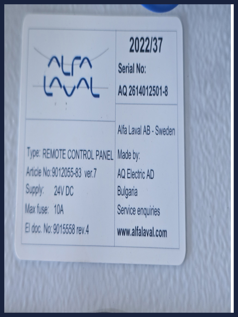 ALFA LAVAL REMOTE CONTROL PANEL BALLAST WATER TREATMENT SYSTEM