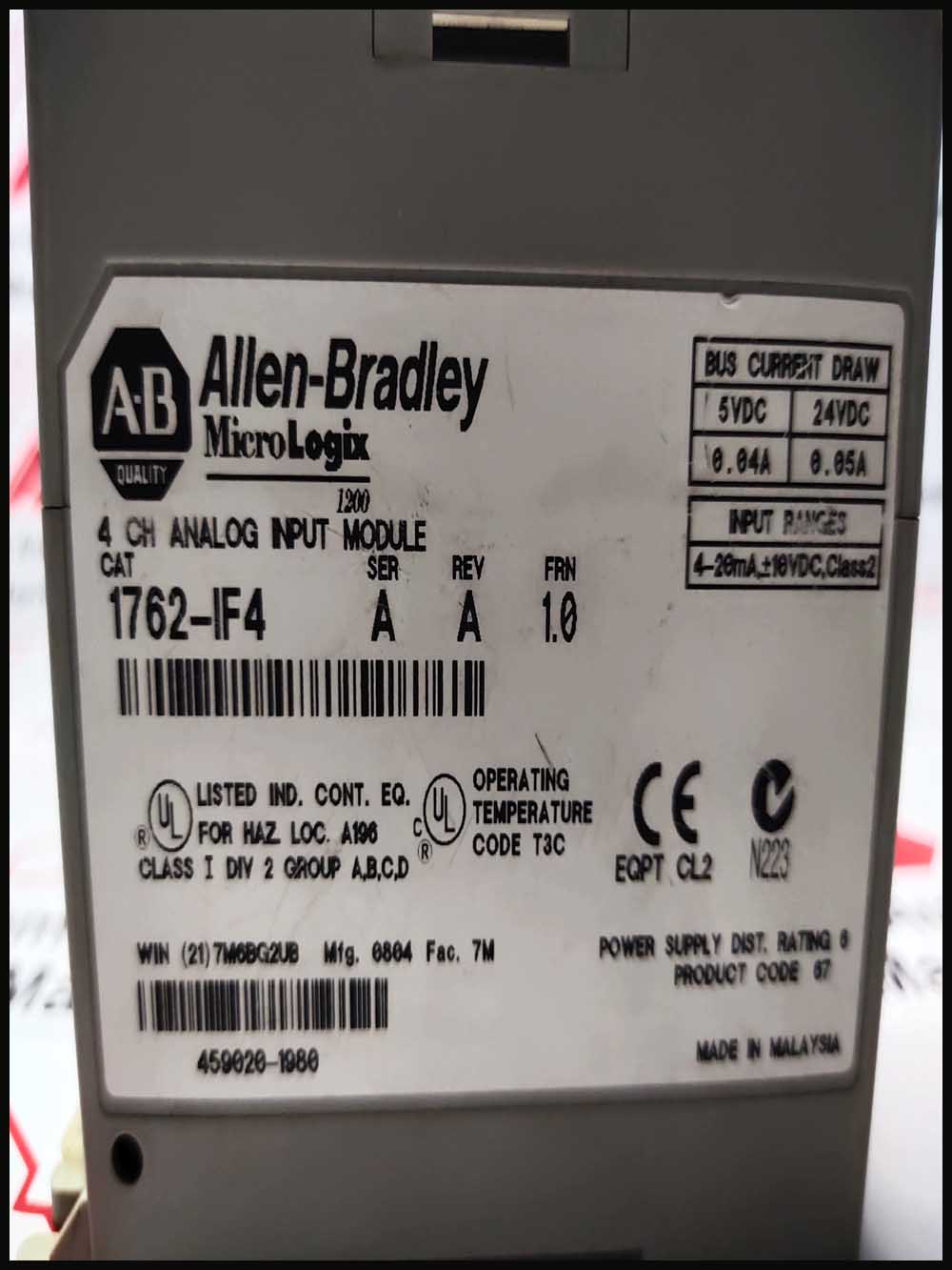 ALLEN-BRADLEY 1762-IF4 MICRO LOGIX 1200 4 CH. CURRENTVOLTAGE ANALOG INPUT